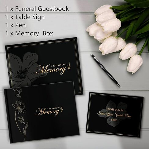 in Loving Memory Funeral Guest Book for Memorial Service - 7.2 x 9.2 Inch Gold Floral Hardcover with Table Sign, Metal Pen & Keepsake Box - Holds 300+ Guests in Saudi Arabia