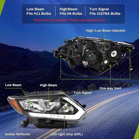 AUTOSAVER88 LED DRL Headlight Assembly kit Compatible with 2014-2016 Nissan Rogue Headlamp Replacement Clear Lens Black Housing Amber Reflector in Kuwait