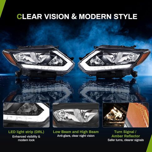 AUTOSAVER88 LED DRL Headlight Assembly kit Compatible with 2014-2016 Nissan Rogue Headlamp Replacement Clear Lens Black Housing Amber Reflector in Kuwait