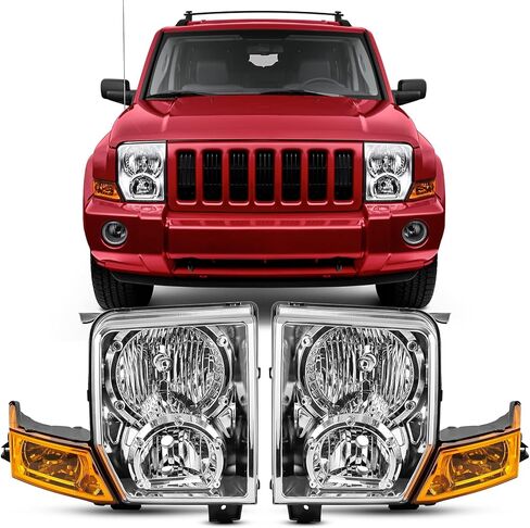 مجموعة المصابيح الأمامية متوافقة مع 2006 2007 2008 2009 2010 Jeep Commander مصابيح أمامية هالوجين بديلة للسائق والركاب زوج كروم in Kuwait