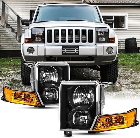 مجموعة المصابيح الأمامية متوافقة مع 2006 2007 2008 2009 2010 Jeep Commander مصابيح أمامية هالوجين بديلة للسائق والركاب زوج كروم in Kuwait