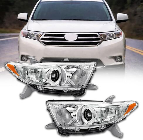 مجموعة المصابيح الأمامية تناسب 2011 2012 2013 Toyota Highlander (نماذج الهالوجين فقط) غلاف كروم، جانب السائق والركاب مع استبدال المصابيح TO2503208 & TO2502208 in Kuwait