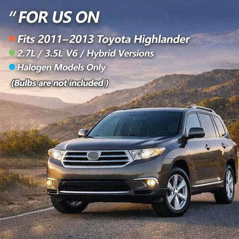مجموعة المصابيح الأمامية تناسب 2011 2012 2013 Toyota Highlander (نماذج الهالوجين فقط) غلاف كروم، جانب السائق والركاب مع استبدال المصابيح TO2503208 & TO2502208 in Kuwait