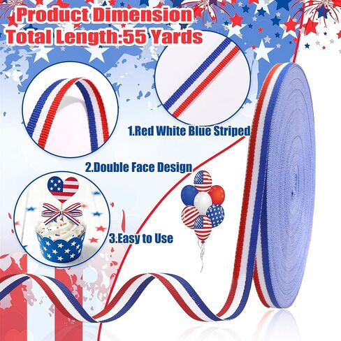 FULZTEY 55 Yards Patriotic Ribbon,Red White and Blue Grosgrain Ribbons for Gift Wrapping,1 cm Patriotic Fabric Ribbon,4th of July Striped Ribbon for 250th Anniversary Independence Day DIY Crafts in Saudi Arabia