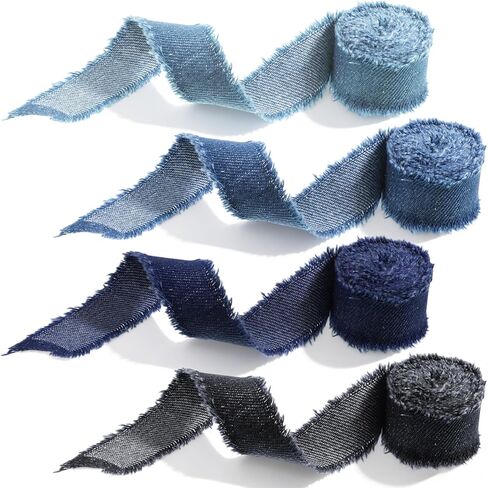 4 Rolls Denim Ribbon Jean Fabric Decorative Trim Handmade Frayed Fringe Ribbons Embellishments for Gift Wrapping Sewing Wedding Party Bow DIY Making(Each 1 in ×2 Yards, Blue, Black) in Kuwait