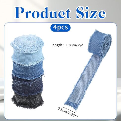 4 Rolls Denim Ribbon Jean Fabric Decorative Trim Handmade Frayed Fringe Ribbons Embellishments for Gift Wrapping Sewing Wedding Party Bow DIY Making(Each 1 in ×2 Yards, Blue, Black) in Kuwait