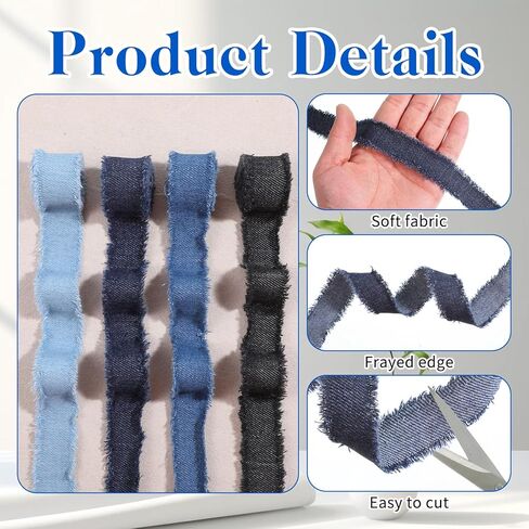 4 Rolls Denim Ribbon Jean Fabric Decorative Trim Handmade Frayed Fringe Ribbons Embellishments for Gift Wrapping Sewing Wedding Party Bow DIY Making(Each 1 in ×2 Yards, Blue, Black) in Kuwait