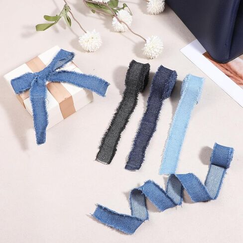 4 Rolls Denim Ribbon Jean Fabric Decorative Trim Handmade Frayed Fringe Ribbons Embellishments for Gift Wrapping Sewing Wedding Party Bow DIY Making(Each 1 in ×2 Yards, Blue, Black) in Kuwait