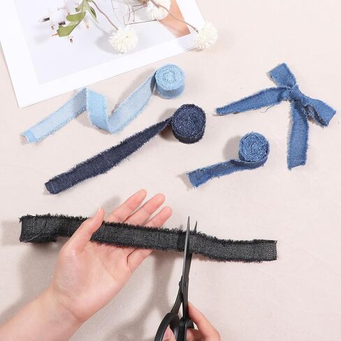 4 Rolls Denim Ribbon Jean Fabric Decorative Trim Handmade Frayed Fringe Ribbons Embellishments for Gift Wrapping Sewing Wedding Party Bow DIY Making(Each 1 in ×2 Yards, Blue, Black) in Kuwait