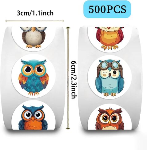Cute Owl Stickers Roll, 500 PCS with 10 Different Patterns, Kawaii Animal Decals, Waterproof Vinyl Sticker Pack for Party Favors, Classroom Rewards, and Goodie Bags (Owl) (owl) in Saudi Arabia