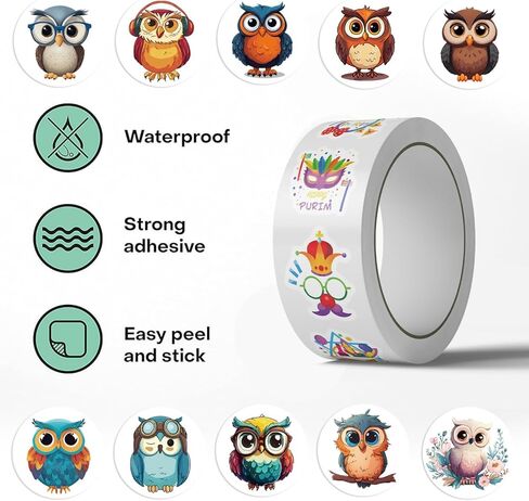 Cute Owl Stickers Roll, 500 PCS with 10 Different Patterns, Kawaii Animal Decals, Waterproof Vinyl Sticker Pack for Party Favors, Classroom Rewards, and Goodie Bags (Owl) (owl) in Saudi Arabia