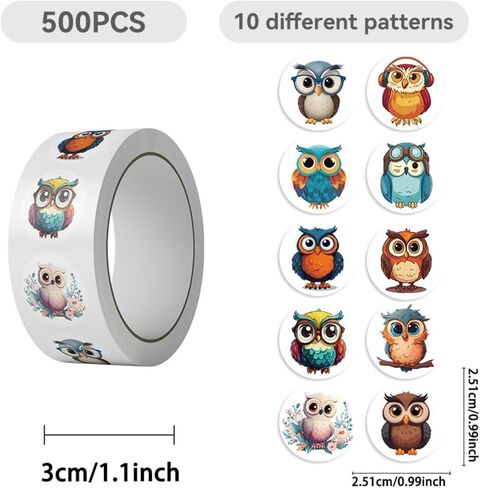 Cute Owl Stickers Roll, 500 PCS with 10 Different Patterns, Kawaii Animal Decals, Waterproof Vinyl Sticker Pack for Party Favors, Classroom Rewards, and Goodie Bags (Owl) (owl) in Saudi Arabia