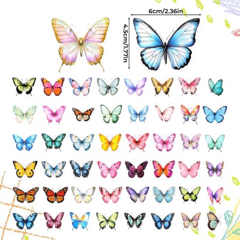 50 Pcs Butterflies for Crafts, Butterfly Stickers Transparent PET Colorful Realistic Butterflies Sticker for Scrapbook, Journal, Junk Journal, Collage, Waterproof for Resin, Craft & Scrapbook Supplies in Kuwait