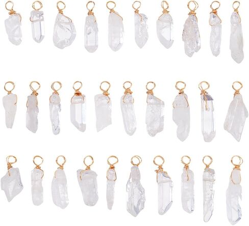 AHANDMAKER 30pcs Natural Quartz Crystal Pendant, 1 Inch Golden Copper Wire Wrapped Gemstone Charm Knotting Crystal Beads Column Drop for Earring Necklace Jewelry Making, Hole 2.8mm in Kuwait