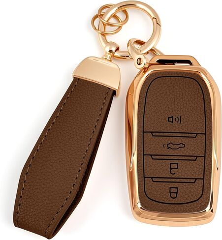 Soft TPU & Leather Key Fob Cover, Compatible with Toyota 2022 2023 2024 2025 2026 etc, Car Key Protector with Keychain (Brown, 4 Buttons) in Kuwait