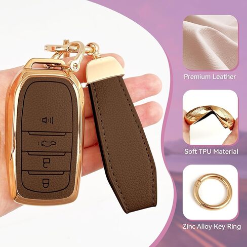 Soft TPU & Leather Key Fob Cover, Compatible with Toyota 2022 2023 2024 2025 2026 etc, Car Key Protector with Keychain (Brown, 4 Buttons) in Kuwait