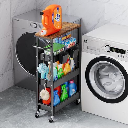 4 Tier Slim Rolling Storage Cart, Metal Narrow Kitchen Cabinet with Wheels,Laundry Room Organization and Storage Shelves for Between Washer and Dryer,7.7 In Skinny Detergent Organizer for Small Spaces in Saudi Arabia