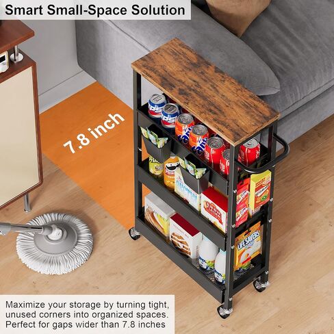 4 Tier Slim Rolling Storage Cart, Metal Narrow Kitchen Cabinet with Wheels,Laundry Room Organization and Storage Shelves for Between Washer and Dryer,7.7 In Skinny Detergent Organizer for Small Spaces in Saudi Arabia