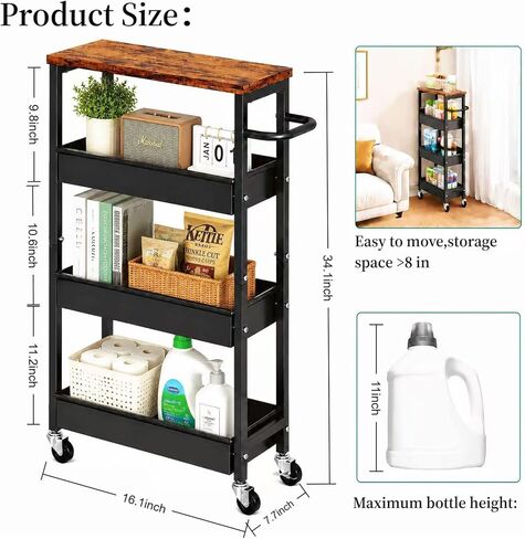 4 Tier Slim Rolling Storage Cart, Metal Narrow Kitchen Cabinet with Wheels,Laundry Room Organization and Storage Shelves for Between Washer and Dryer,7.7 In Skinny Detergent Organizer for Small Spaces in Saudi Arabia