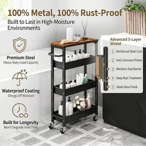 4 Tier Slim Rolling Storage Cart, Metal Narrow Kitchen Cabinet with Wheels,Laundry Room Organization and Storage Shelves for Between Washer and Dryer,7.7 In Skinny Detergent Organizer for Small Spaces in Saudi Arabia