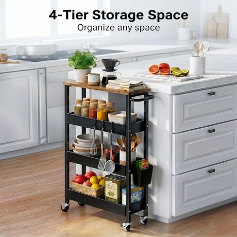 4 Tier Slim Rolling Storage Cart, Metal Narrow Kitchen Cabinet with Wheels,Laundry Room Organization and Storage Shelves for Between Washer and Dryer,7.7 In Skinny Detergent Organizer for Small Spaces in Saudi Arabia