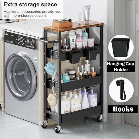 4 Tier Slim Rolling Storage Cart, Metal Narrow Kitchen Cabinet with Wheels,Laundry Room Organization and Storage Shelves for Between Washer and Dryer,7.7 In Skinny Detergent Organizer for Small Spaces in Saudi Arabia