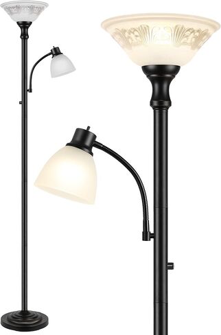 Torchiere Floor Lamps for Living Room, 71" Tall Standing Lamp with Thick Glass Shade, Metal Pole & Heavy Base, Vintage Corner Lamp with Reading Light Home Decor for Bedroom Office, 3CCT Bulb Included in Saudi Arabia