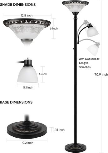 Torchiere Floor Lamps for Living Room, 71" Tall Standing Lamp with Thick Glass Shade, Metal Pole & Heavy Base, Vintage Corner Lamp with Reading Light Home Decor for Bedroom Office, 3CCT Bulb Included in Saudi Arabia