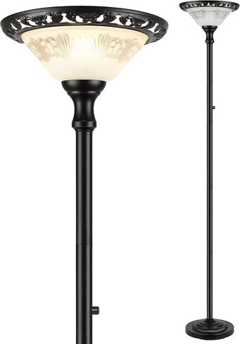 Torchiere Floor Lamps for Living Room, 71" Tall Standing Lamp with Thick Glass Shade, Metal Pole & Heavy Base, Vintage Corner Lamp with Reading Light Home Decor for Bedroom Office, 3CCT Bulb Included in Saudi Arabia