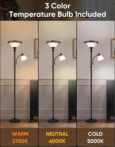 Torchiere Floor Lamps for Living Room, 71" Tall Standing Lamp with Thick Glass Shade, Metal Pole & Heavy Base, Vintage Corner Lamp with Reading Light Home Decor for Bedroom Office, 3CCT Bulb Included in Saudi Arabia