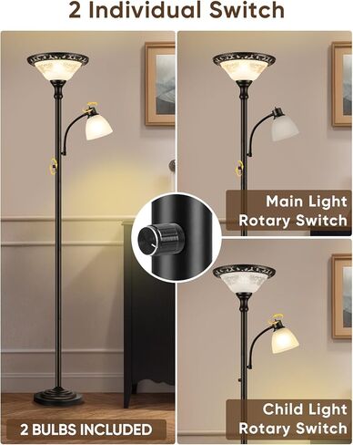 Torchiere Floor Lamps for Living Room, 71" Tall Standing Lamp with Thick Glass Shade, Metal Pole & Heavy Base, Vintage Corner Lamp with Reading Light Home Decor for Bedroom Office, 3CCT Bulb Included in Saudi Arabia