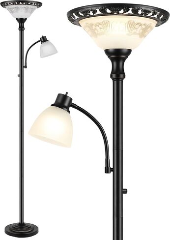 Torchiere Floor Lamps for Living Room, 71" Tall Standing Lamp with Thick Glass Shade, Metal Pole & Heavy Base, Vintage Corner Lamp with Reading Light Home Decor for Bedroom Office, 3CCT Bulb Included in Saudi Arabia
