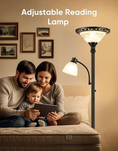 Torchiere Floor Lamps for Living Room, 71" Tall Standing Lamp with Thick Glass Shade, Metal Pole & Heavy Base, Vintage Corner Lamp with Reading Light Home Decor for Bedroom Office, 3CCT Bulb Included in Saudi Arabia