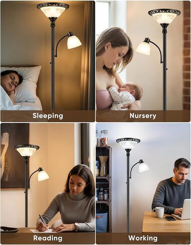 Torchiere Floor Lamps for Living Room, 71" Tall Standing Lamp with Thick Glass Shade, Metal Pole & Heavy Base, Vintage Corner Lamp with Reading Light Home Decor for Bedroom Office, 3CCT Bulb Included in Saudi Arabia