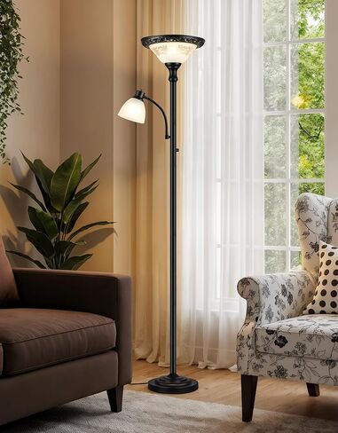 Torchiere Floor Lamps for Living Room, 71" Tall Standing Lamp with Thick Glass Shade, Metal Pole & Heavy Base, Vintage Corner Lamp with Reading Light Home Decor for Bedroom Office, 3CCT Bulb Included in Saudi Arabia