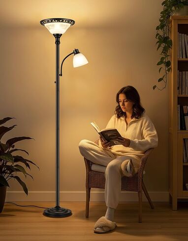 Torchiere Floor Lamps for Living Room, 71" Tall Standing Lamp with Thick Glass Shade, Metal Pole & Heavy Base, Vintage Corner Lamp with Reading Light Home Decor for Bedroom Office, 3CCT Bulb Included in Saudi Arabia