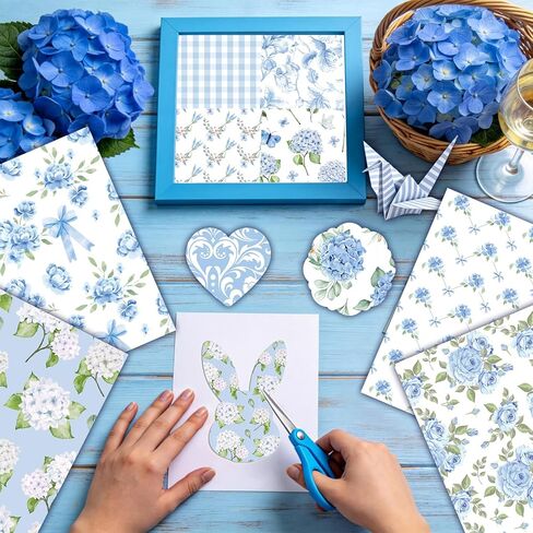 Konsait 24 Sheets Double Sided Hydrangea Scrapbook Paper, 6x6 Inch Blue Floral Craft Paper for Card Making, Junk Journaling, DIY Crafts and Gift Wrapping in Kuwait