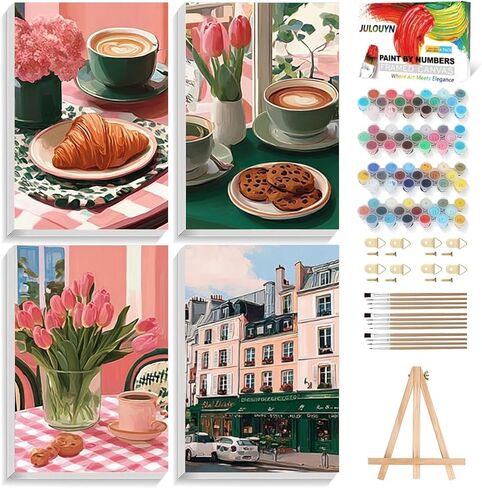 XTCIXAL 4 Pack Paint by Numbers Kit for Adults with Framed and Easel, Food Paint by Number Kits, Afternoon Tea Acrylic Oil Painting with Brushes for Home Wall Decor (8x12 Inch) in Kuwait