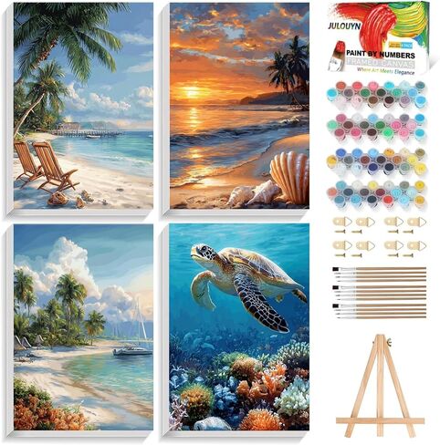 XTCIXAL 4 Pack Paint by Numbers Kit for Adults with Framed and Easel, Food Paint by Number Kits, Afternoon Tea Acrylic Oil Painting with Brushes for Home Wall Decor (8x12 Inch) in Kuwait