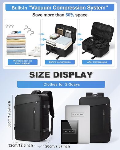 VGCUB Vacuum Backpack Travel with Suit Bag and Air Pump Compression Vacpack Carry on Flight Approved Laptop Daypack Space Saver Garment Bags for Travel Storage with Vacuum System Men Women Black in Saudi Arabia