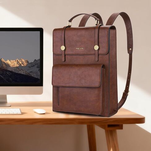 MOSISO Trendy Leather Backpack Purse for Women Men, 15.6-16 inch Laptop Backpack Waterproof Stylish Large Capacity Casual Daypack Bag for Work Business College Travel, Brown in Kuwait