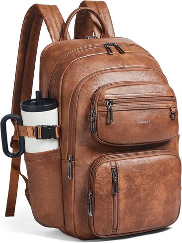 Vegan Leather Backpack, TSA Travel Backpack for Men and Women, Fits 17.0 Inch Laptop with Luggage Strap, Brown in Saudi Arabia