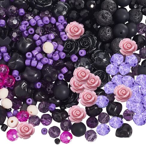 SUNNYCLUE 646Pcs Skull Beads Gothic Beads Black Purple Rose Flower Halloween Skeleton Cross Charms Acrylic Losse Spacers for Jewelry Making Bracelets Necklaces DIY Crafts Gift Holiday Women Adults in Saudi Arabia