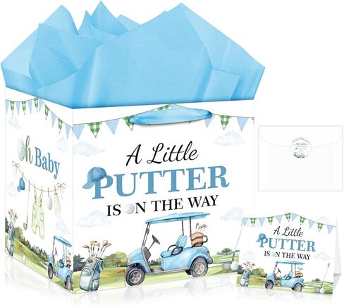 Extra Large Golf Baby Boy Gift Bag Square Jumbo Golf Baby Shower Bag with Wrapping Paper Card Sticker Envelope, A Little Putter Baby Gift Bag for Boy Sport Birthday Party New Parents Newborn Gifts in Saudi Arabia