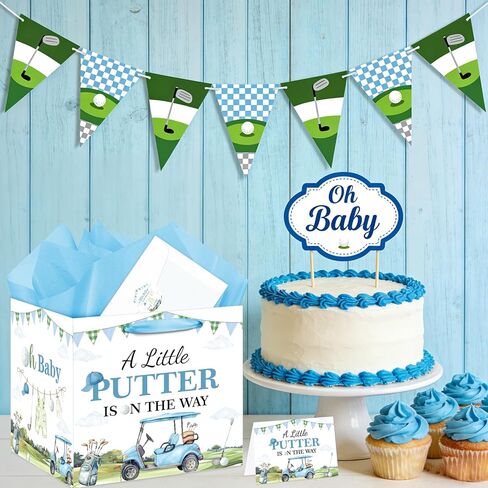 Extra Large Golf Baby Boy Gift Bag Square Jumbo Golf Baby Shower Bag with Wrapping Paper Card Sticker Envelope, A Little Putter Baby Gift Bag for Boy Sport Birthday Party New Parents Newborn Gifts in Saudi Arabia