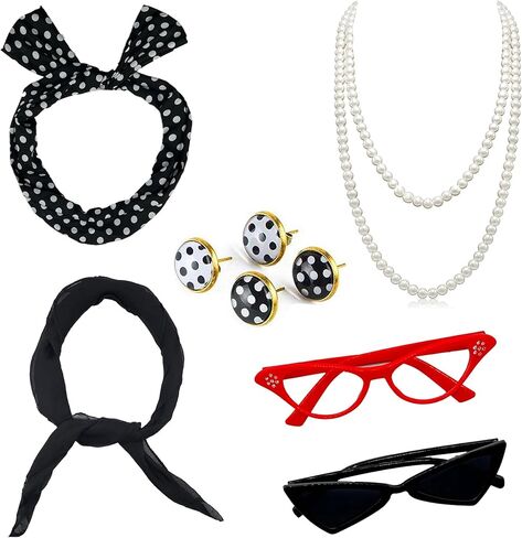 Womens 50's Costume Accessories 1950's Chiffon Scarf Cat Eye Glasses BandanaTie Headband Drop Dot Earrings in Saudi Arabia