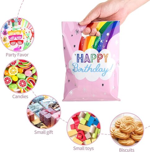 SnortleSnap 40Pcs Rainbow Birthday Party Favor Bags, Rainbow Party Theme Gift Bags， 6.7 x 9.8 Inch Plastic with Handle in Kuwait