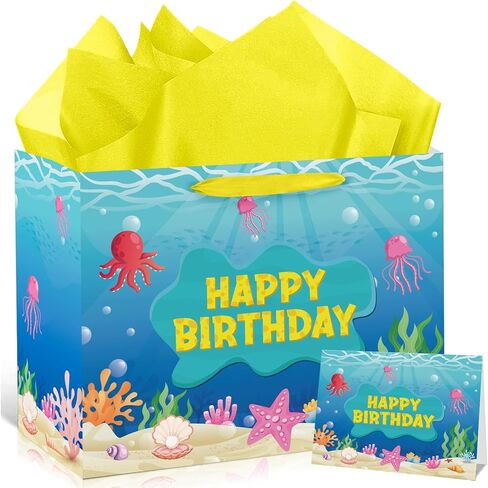Cartoon Ocean Birthday Bag with Tissue Paper and Card Ocean Jellyfish Seaweed Birthday Party Favor Bag with Handles Under The Sea Candy Bags Yellow Gift Wrapping Paper Bags for Kids Bday Baby Shower in Saudi Arabia