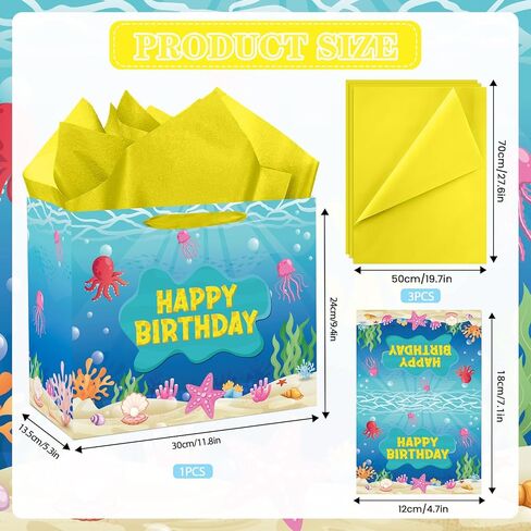 Cartoon Ocean Birthday Bag with Tissue Paper and Card Ocean Jellyfish Seaweed Birthday Party Favor Bag with Handles Under The Sea Candy Bags Yellow Gift Wrapping Paper Bags for Kids Bday Baby Shower in Saudi Arabia
