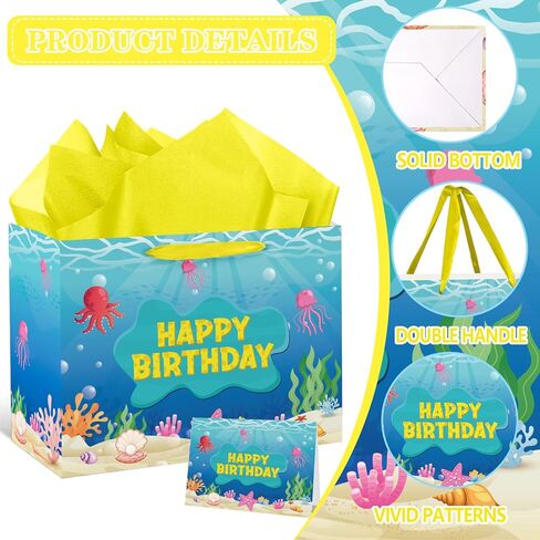 Cartoon Ocean Birthday Bag with Tissue Paper and Card Ocean Jellyfish Seaweed Birthday Party Favor Bag with Handles Under The Sea Candy Bags Yellow Gift Wrapping Paper Bags for Kids Bday Baby Shower in Saudi Arabia